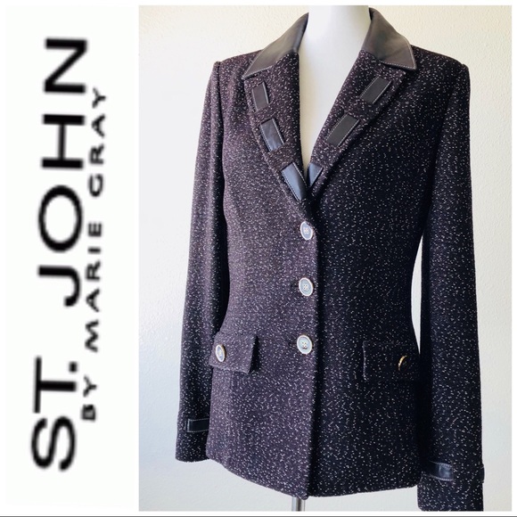 St. John Jackets & Blazers - St. John Marie Gray Tweed And Leather  Blazer